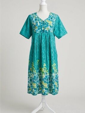 National Teal Floral House Dress Muumuu Medium Pocket Lounger